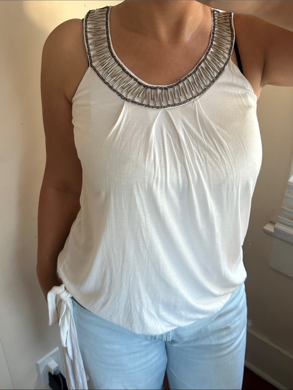 White Cleo Silver Beaded Cleopatra Halter Neck Sleeveless Tank Tunic Vintage y2k